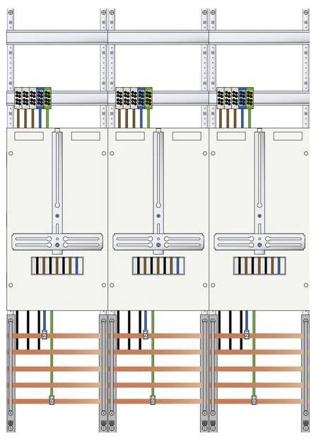 Darstellung einer elektrischen Schalttafel mit miteinander verbundenen Leitungen und Schaltkreisen. Hauptkomponenten umfassen Sicherungsautomaten und Metallschienen, die die Stromverteilung anzeigen.