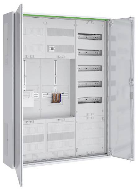 Ein offener Elektroschrank mit mehreren Bedienfeldern und sichtbaren Leitungen. Verschiedene Schlitze sind beschriftet, und farbcodierte Kabel sind ordentlich organisiert.