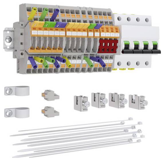 Elektrische Klemmleiste mit mehrfarbigen Komponenten, Anschlüssen und Zubehör, einschließlich Bändern, Halterungen und Klemmen.