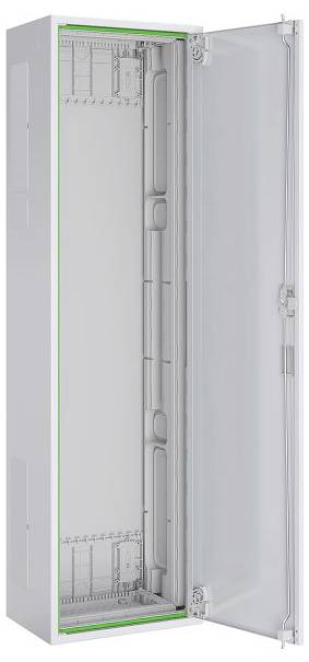 Ein offenes, leeres elektrisches Gehäuse mit einer transparenten Tür, das den Innenraum für Komponenten präsentiert.