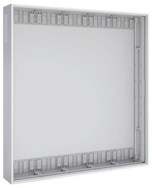 Eine weiße, quadratische architektonische Leuchte mit eingelassem Rahmen, die zur Deckenmontage konzipiert ist.