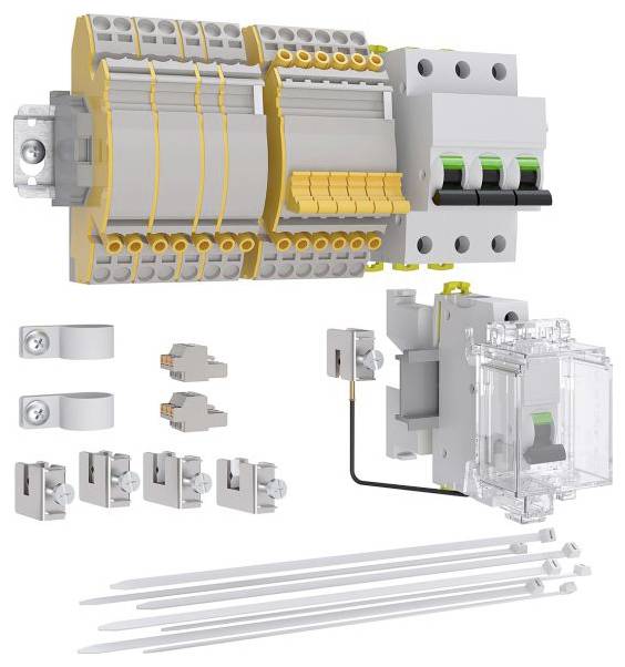 Ein elektrisches modulares Geräte-Set mit Sicherungsautomaten, Leitungsverbindern, Befestigungsklemmen und Kabelbindern, das zur Paneelbestückung verwendet wird.