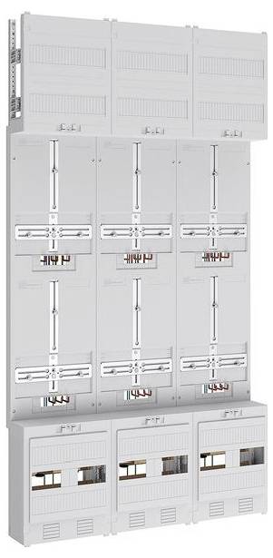 Modulares elektrisches Verteilungssystem mit mehreren vertikalen und horizontalen Abschnitten, mit freiliegenden Verdrahtungs- und Schaltanlagenkomponenten.