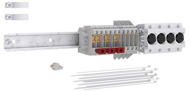 Elektrische Komponentenanordnung, die einen modularen Aufbau mit Sicherungsautomaten auf einer Schiene, Kabelbindern und Montagehalterungen in der Nähe zeigt.