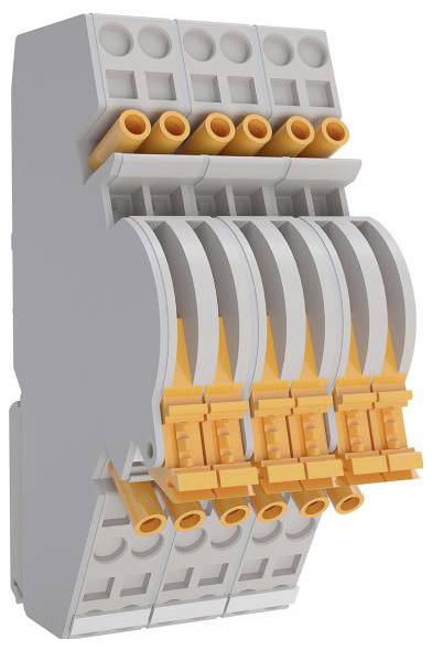 Ein elektrischer Klemmblock mit vier orange Anschlüssen, die vertikal ausgerichtet sind, zum Sichern von Drähten. Die Einheit ist für die Montage auf Hutschiene konzipiert.