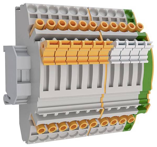 Eine Nahaufnahme eines modularen Anschlussklemmenblocks mit mehreren farbigen Steckverbindern für elektrische Verkabelung, mit orangefarbenen, grauen und grünen Abschnitten.