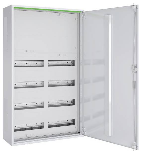 Ein offener Metallschaltschrank mit sechs leeren Steckplätzen für Sicherungsautomaten, der einen nicht installierten Zustand zeigt, mit rechts angeschlagener Tür geöffnet.