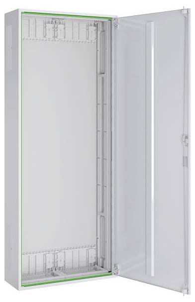 Ein offenes Metallgehäuse mit einer transparenten Tür, das ein leeres Verdrahtungskompartiment zeigt, das zum Unterbringen von elektrischen Komponenten geeignet ist.