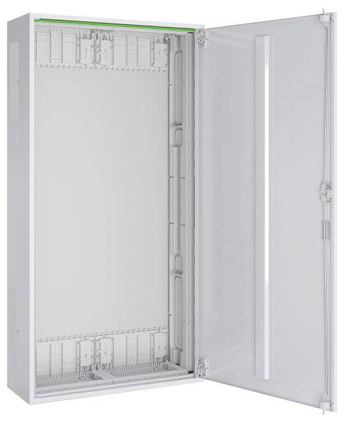 Ein offener, leerer Schrank mit einer transparenten Tür, der Innenabteile und eine grüne Dichtung am oberen Rand zeigt, konstruiert zur Ausrüstungsorganisation.