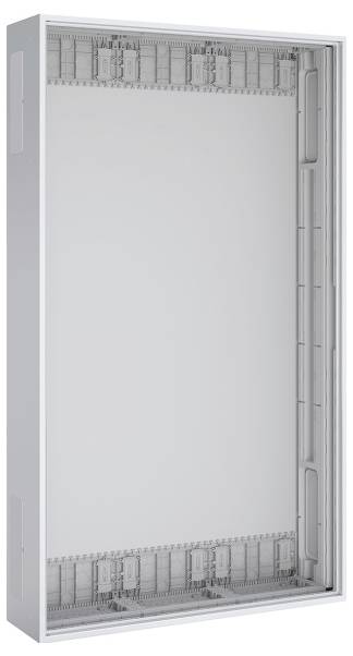 Ein grauer, rechteckiger Metallrahmen mit detaillierten Zierelementen im Inneren, von einem Winkel aus betrachtet, ähnlich einem Bild- oder Displayrahmen. Kein Inhalt ist im Inneren zu sehen.