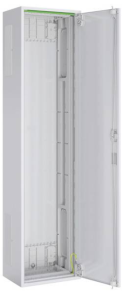 Ein offener weißer elektrischer Schaltschrank mit einer transparenten Tür, der interne Komponenten und Verdrahtungsschlitze zeigt, für industrielle Anwendungen konzipiert.