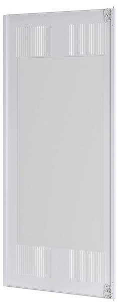 Ein rechteckiges, belüftetes Türpaneel mit einer hellgrauen Oberfläche, das horizontale Lamellen im oberen und unteren Bereich für die Luftzirkulation aufweist.