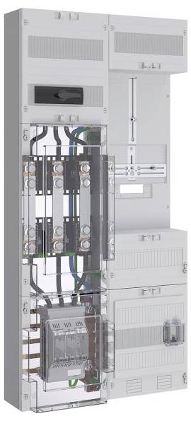 Ein elektrisches Schaltpanel mit sichtbaren Kabeln und Komponenten, das Sicherungsautomaten zeigt und einen transparenten Abschnitt für Einblicke ins Innere aufweist.