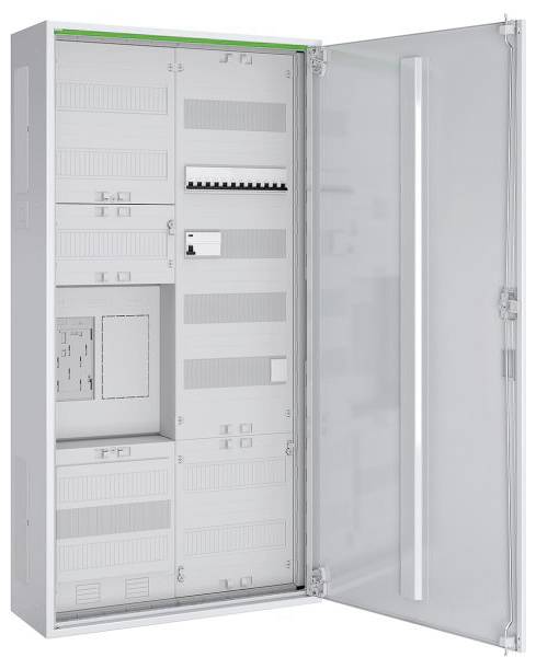 Ein offenes Elektroverteilerkästen mit mehreren Sicherungsautomaten und leeren Schlitzen, der die Innenräume für elektrische Komponenten zeigt.