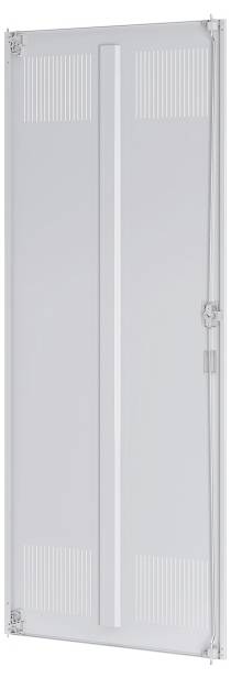 Ein rechteckiges Metalltürpanel mit vertikalen Rillen und Scharnieren auf der rechten Seite, konzipiert für industrielle oder Zwecknutzung.