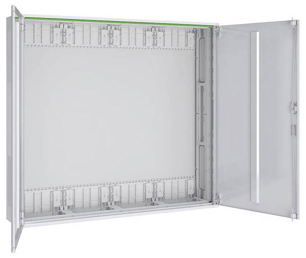 „Ein leerer, wandmontierter elektrischer Verteilerschrank mit einer Tür mit Scharnier, geöffnet, um die Innenräume und Kabelführungsschlitze zu zeigen.