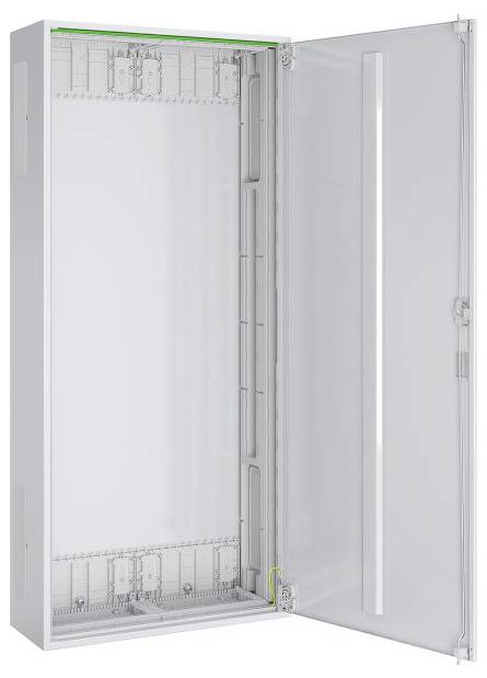 Ein offener, leerer Metallschrank mit einer transparenten Tür, der Innenabteile und Kabelmanagement-Funktionen zeigt, geeignet für elektrische Ausrüstung.