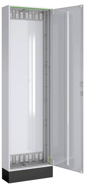 Ein großer, offener, leerer Elektroverteiler mit einer transparenten Tür, der die interne Struktur und Abteile zur Geräteinstallation zeigt.