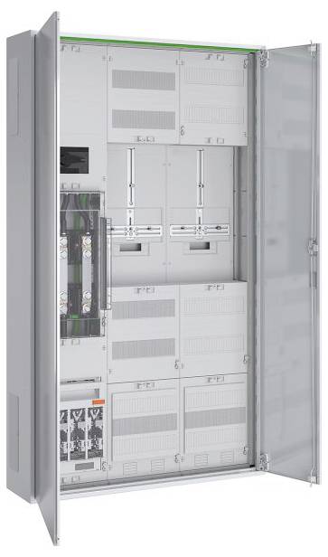 Ein offener Elektroschrank, der verschiedene interne Fächer und Verdrahtungsbereiche zeigt, der für die Steuerung elektrischer Stromkreise konzipiert ist.