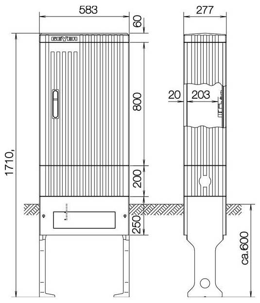 Technische Bauzeichnung einer Außensäulenstruktur mit Vorder- und Seitenansicht. Abmessungen: 1710 mm Höhe, 583 mm Breite.