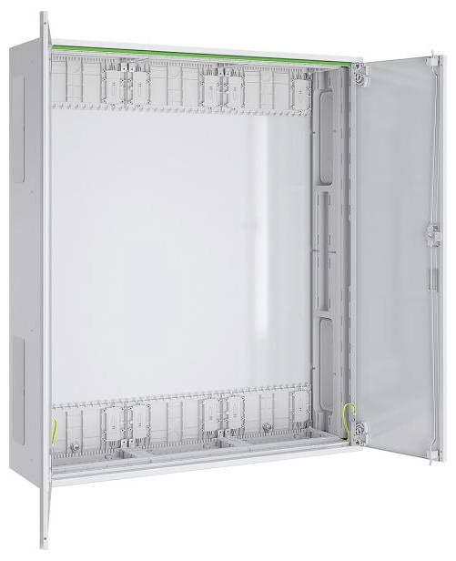 Elektrische Gehäuse mit internen Verdrahtungsschlitzen, Anschlüssen und einer klappbaren transparenten Tür öffnen.