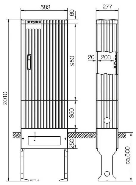 Eine technische Skizze eines Heizkörpers mit markierten Abmessungen: Höhe 2010 mm, Breite 583 mm, Tiefe 277 mm, mit mehreren Schnittansichten.