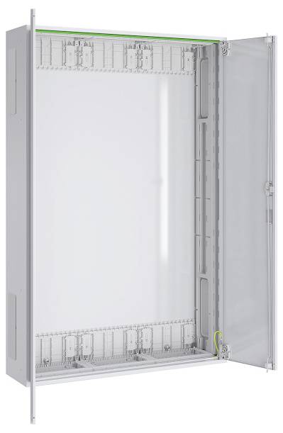 „Ein offenes, leeres Metall-Elektrogehäuse mit einer Scharnierungstür, das interne Montagebefestigungen und einen Schutzerdungsdraht zeigt.