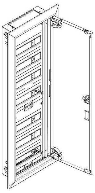 Darstellung einer geöffneten elektrischen Verteilerdose mit mehreren Sicherungsschächten, Detail der Scharniere zeigt die Tür vollständig nach rechts geöffnet.