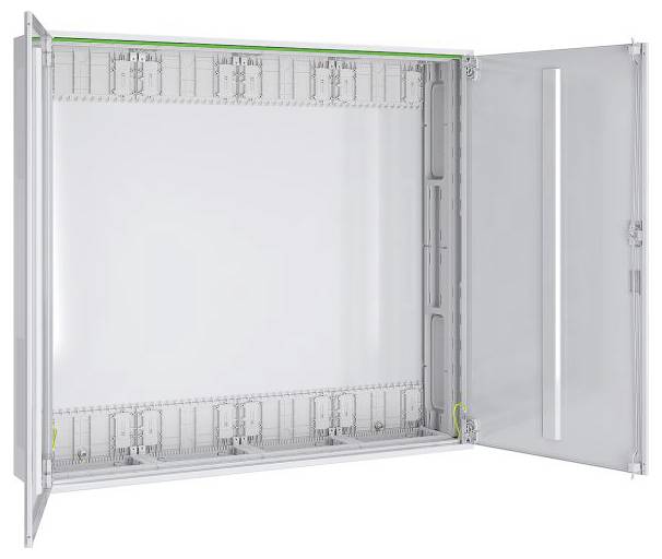 Ein offenes weißes Metallgehäuse mit einer durchsichtigen Tür, das zur Unterbringung von elektrischen Komponenten oder Verkabelung vorgesehen ist, verfügt über ein grünes Erdungskabel.