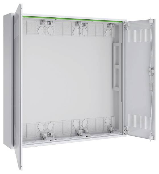 Offener Metallschrank mit seitlichen Steuerungsmechanismen und einer Flügeltür, konzipiert zur Unterbringung von elektrischen oder Netzwerkgeräten.
