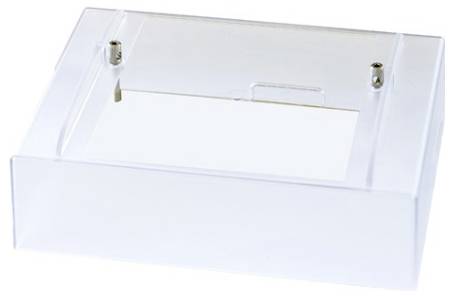 Ein transparenter Kunststoffgehäuse mit Schraubenbefestigungen in den oberen Ecken, entwickelt zur Aufnahme von elektronischen Komponenten oder einem kleinen Gerät.