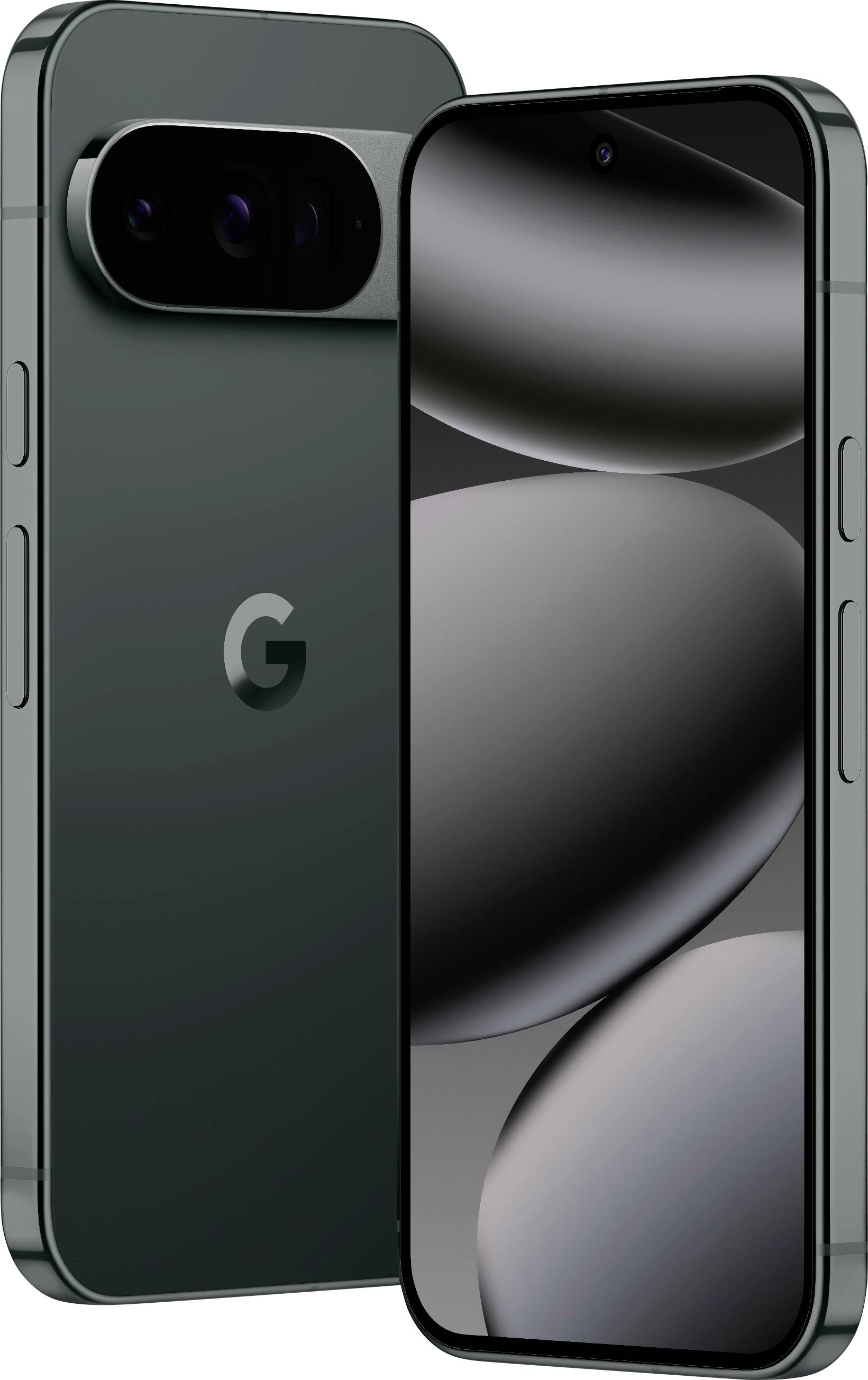 Zwei Smartphones mit 'G'-Logo. Das vordere Telefon zeigt einen eleganten schwarzen Bildschirm, während das hintere Telefon eine Dual-Kamera-Anordnung aufweist.