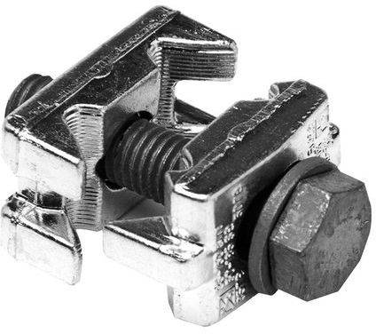 Ein kleines Metallwerkzeug mit zwei Klammern und einer sechskantigen Schraube, das dazu dient, Objekte zu halten und zu befestigen.