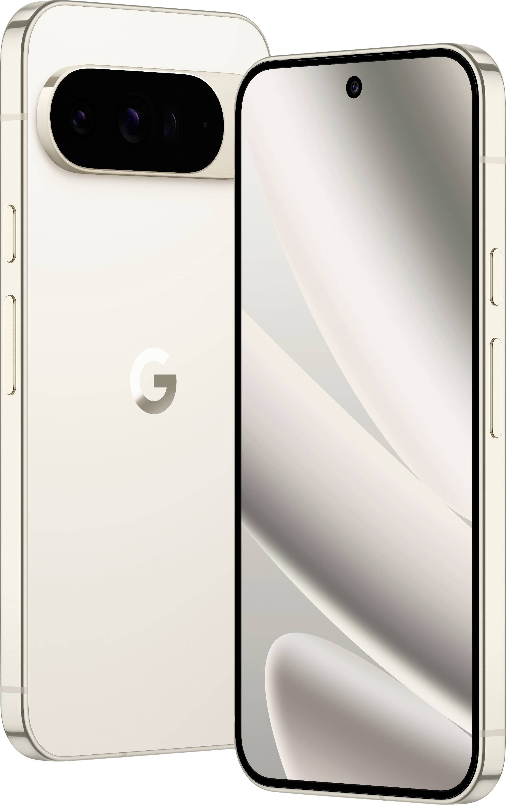 Front- und Rückansicht eines beigen Smartphones mit einem 'G'-Logo. Die Vorderseite zeigt ein minimalistisches abstraktes Hintergrundbild.