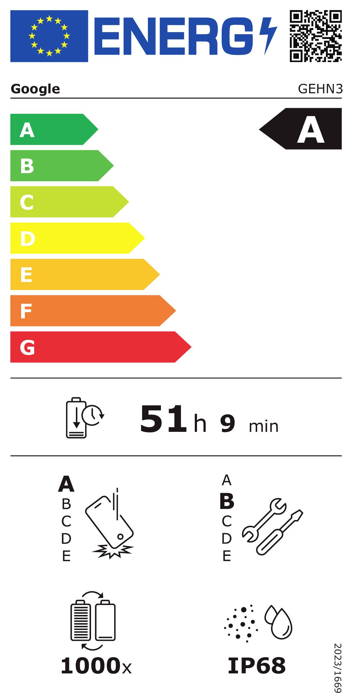 Smartphone-Energieetikett mit einer Energieeffizienzklasse von ‚A'. Hebt eine Akkulaufzeit von 51 Stunden 9 Minuten, 1000-fach Falltest und IP68 Wasserbeständigkeit hervor.
