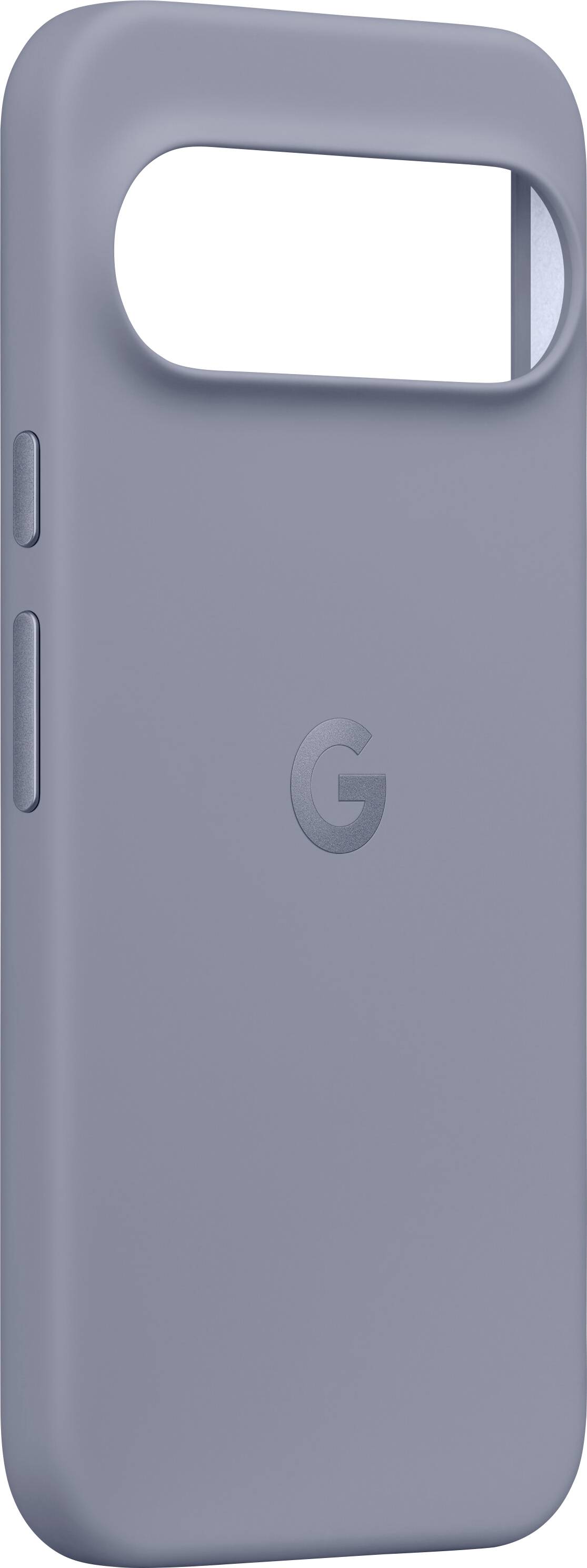 Eine graue Handyhülle mit einer Aussparung für die Kamera und Tasten an der Seite, geprägt mit dem Buchstaben 'G'.