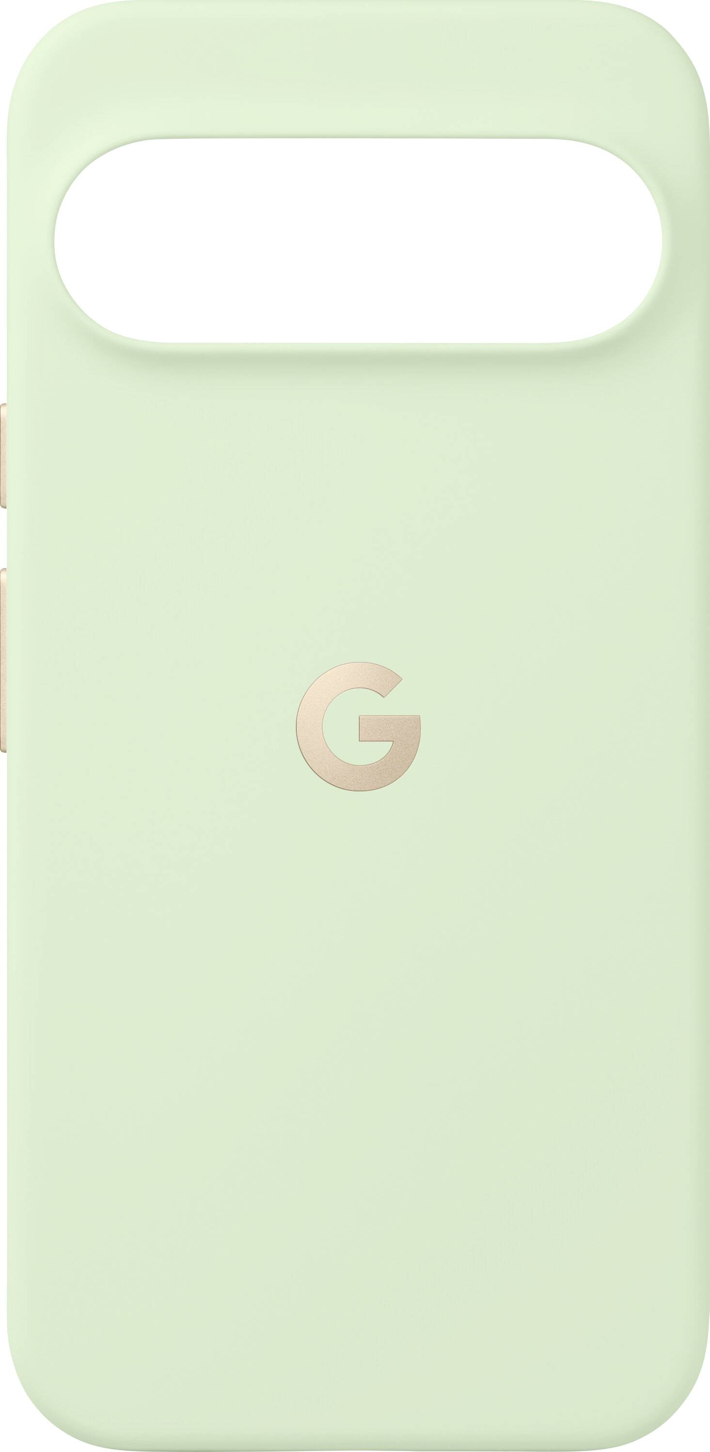 Eine mintgrüne Handyhülle mit einer Aussparung für die Kamera und einem goldenen 'G'-Logo in der Mitte.