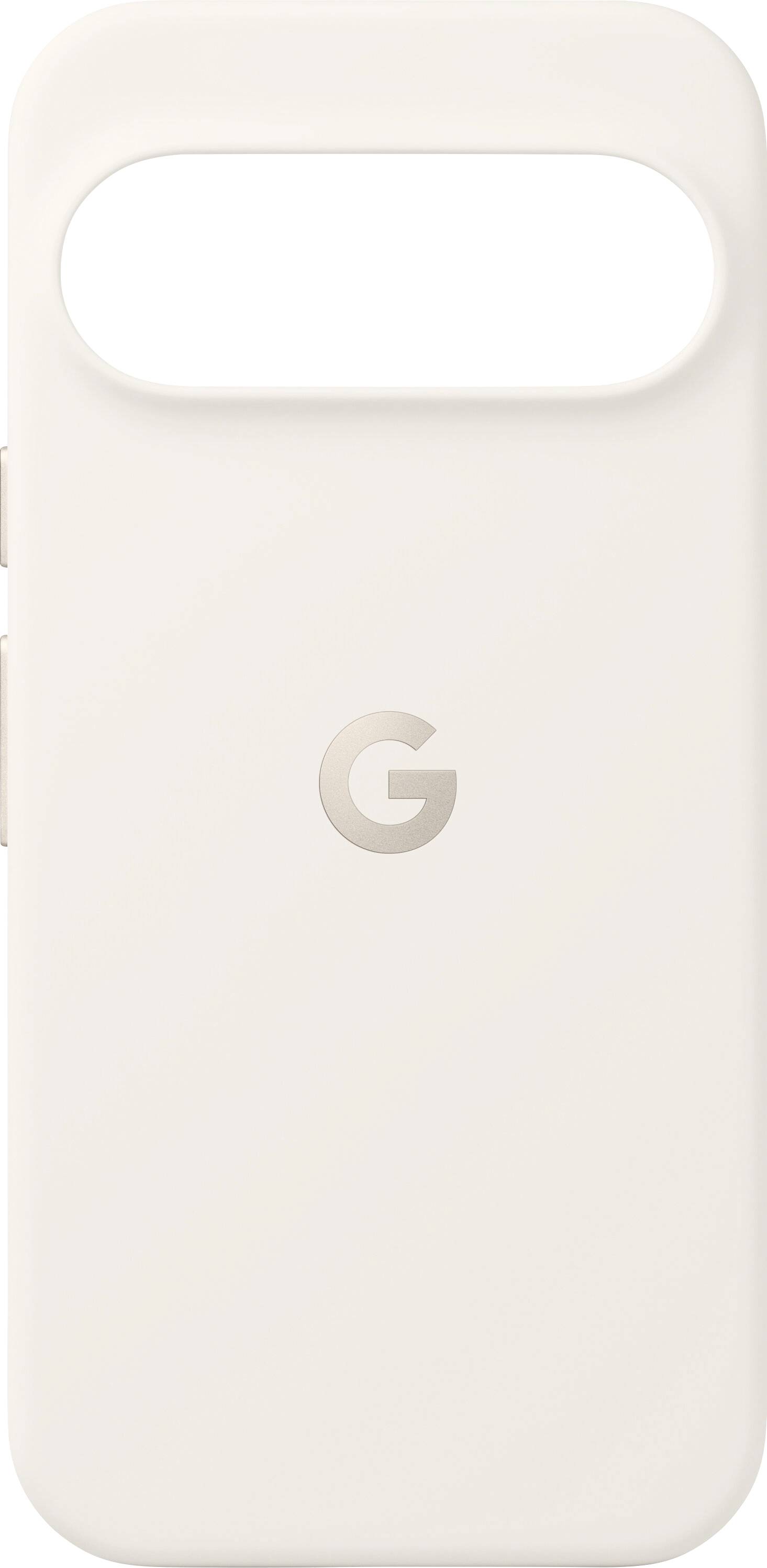 Eine weiße Handyhülle mit einer kreisförmigen Kameraausparung und dem Buchstaben 'G' in der Mitte, entwickelt für das Google Pixel 8.