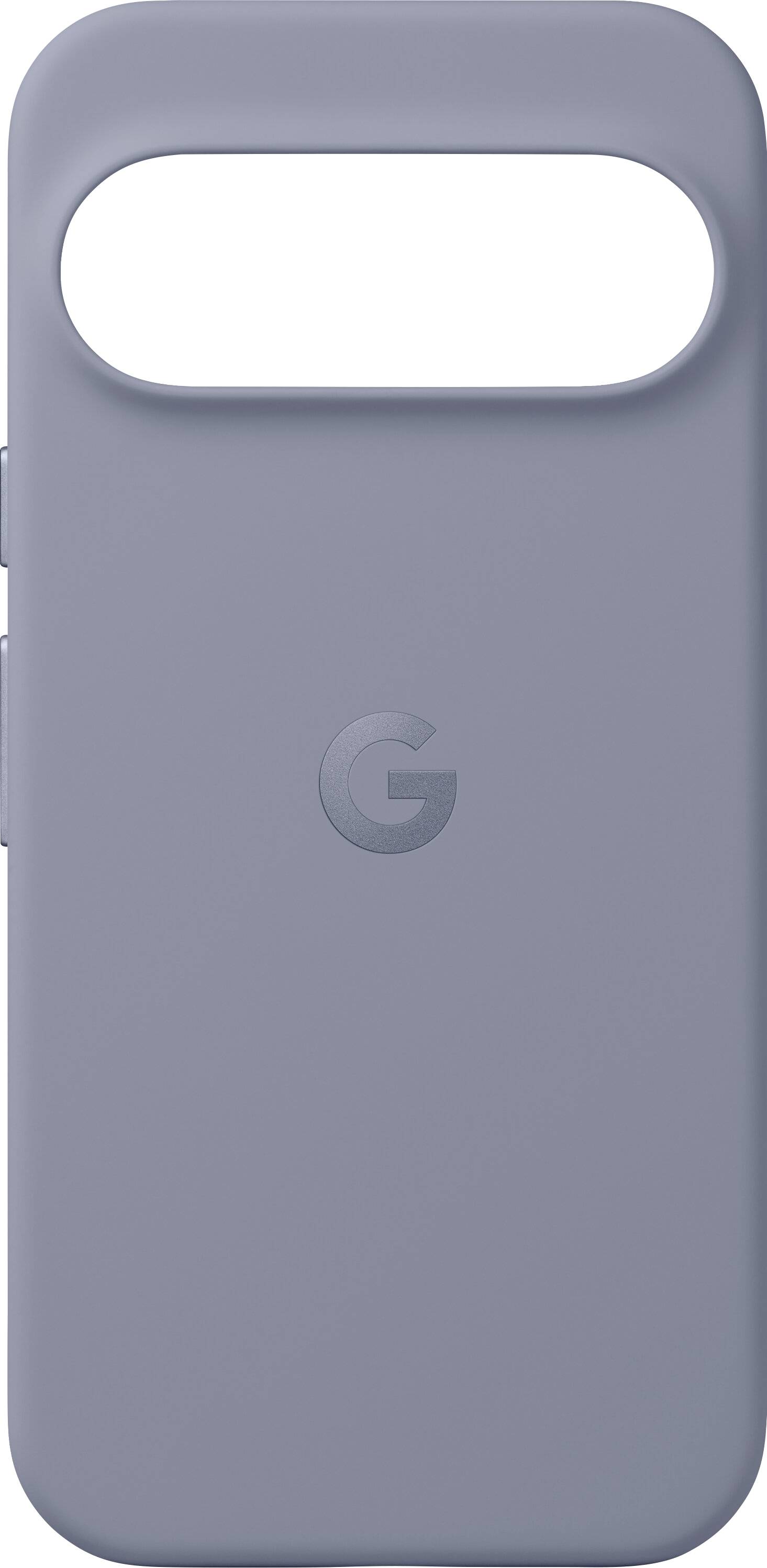 Eine graue Handyhülle mit einer ovalen Aussparung oben und dem Buchstaben 'G', der in der Mitte geprägt ist.