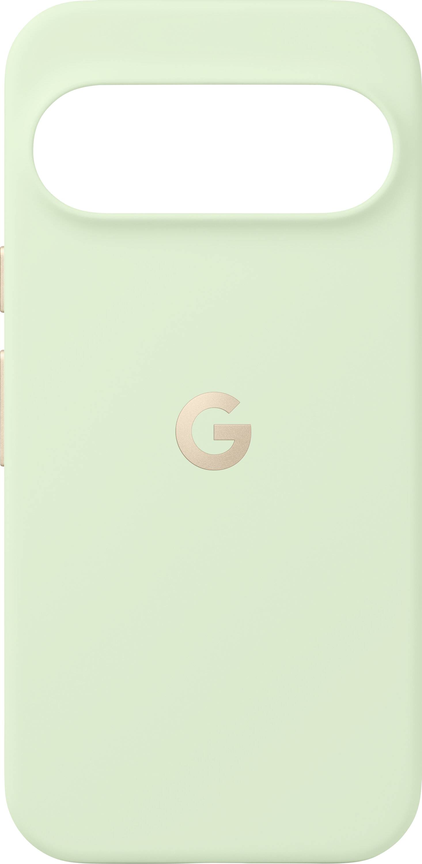 Mintgrüne Handyhülle mit goldenem 'G' Logo auf der Rückseite und einer abgerundeten rechteckigen Kameraausschnitt oben.