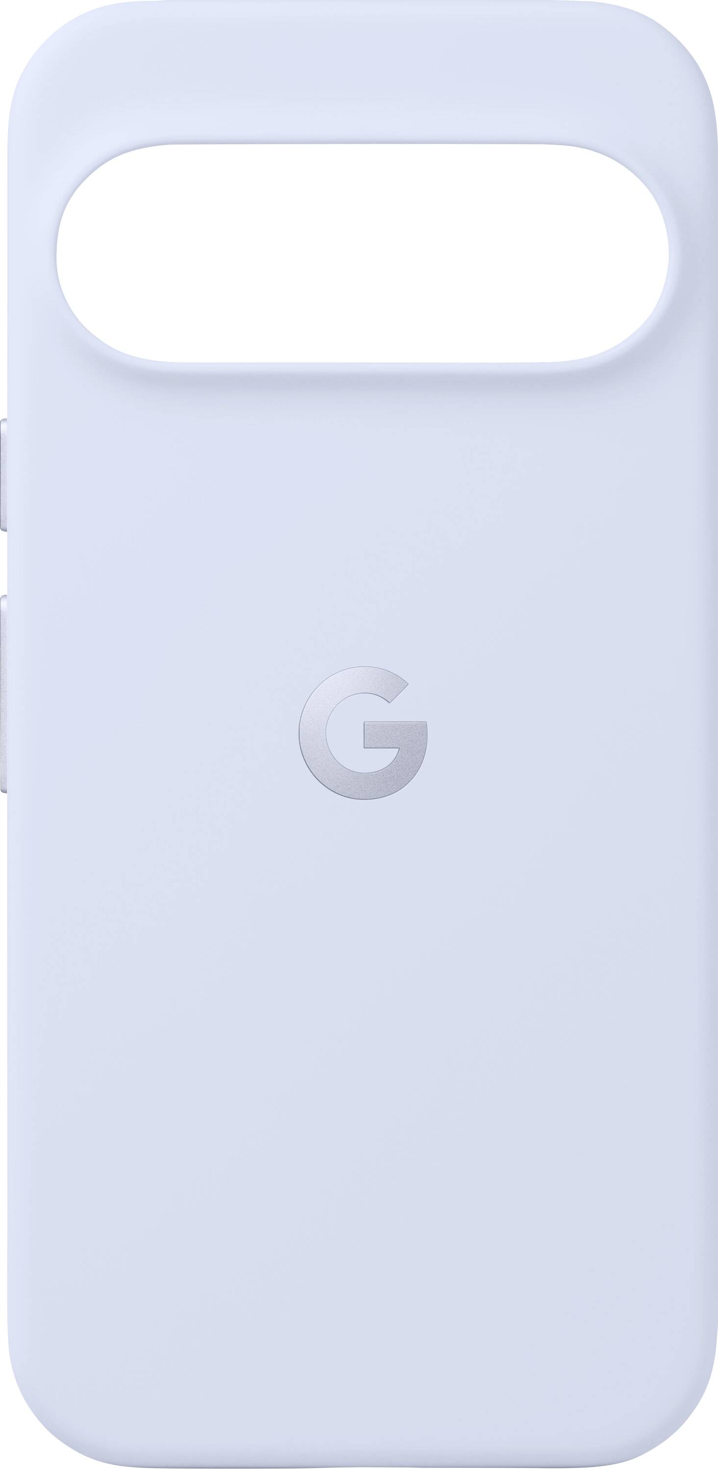 Hellblauer Handyhülle mit Kameraausschnitt und einem in der Mitte geprägten 'G' Logo.