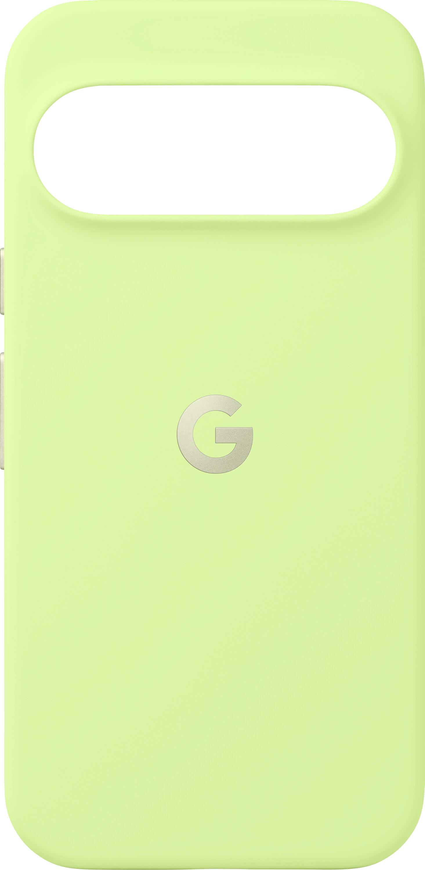 Eine hellgrüne Handyhülle mit einer großen Aussparung oben und einem silbernen 'G'-Logo in der Mitte.