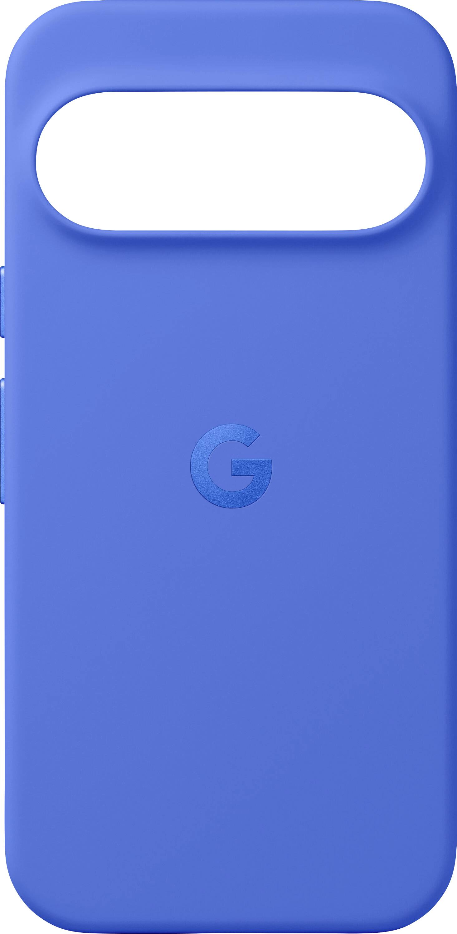 Blaue Handyhülle mit 'G'-Logo, die einen länglichen ovalen Ausschnitt an der Oberseite aufweist.