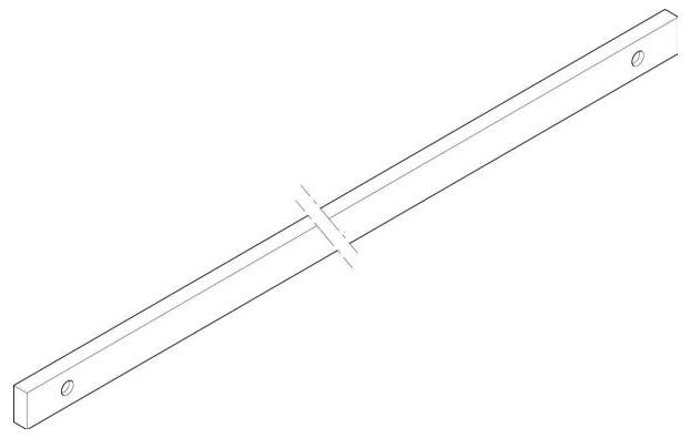 Isometrische Darstellung eines langen rechteckigen Balkens mit Löchern an beiden Enden und einem ausgeschnittenen Bereich in der Mitte.