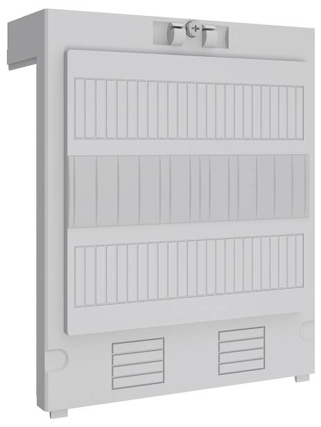 Graue elektrische Schaltschrank-Tafel mit mehreren Reihen von Steckplätzen für Sicherungsautomaten und einem oberen Abschnitt, der mit Plus- und Minuszeichen beschriftet ist.