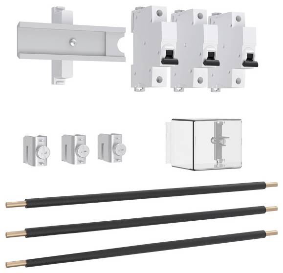 Elektrische Systemkomponenten: Leistungsschalter, Verbinder, zwei isolierte Kupferstangen, Metallhalterung und Schutzgehäuse.