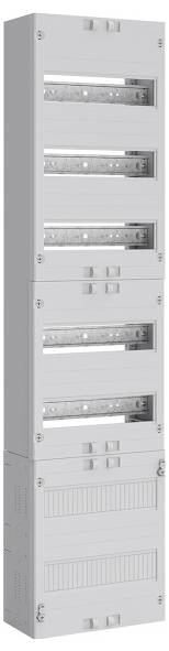 Elektrische Verteilertafel mit mehreren Sicherungsautomaten in vertikaler Anordnung, konzipiert für die Verwaltung der elektrischen Lastverteilung.