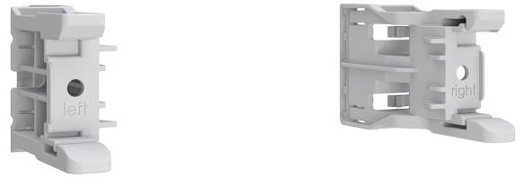 Zwei graue Kunststoffhalterungen mit den Bezeichnungen „links