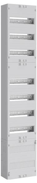 Ein hoher, rechteckiger Elektroverteiler mit mehreren horizontal übereinander gestapelten Sicherungsautomaten.