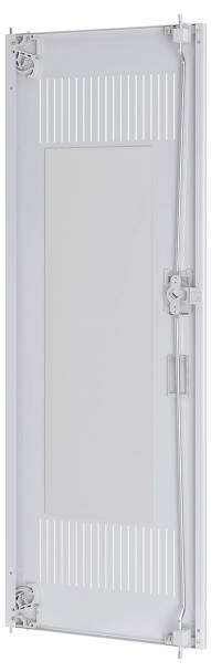 Hohe, rechteckige Metalltür mit Scharnieren und einem Riegel auf der rechten Seite, mit vertikalen Lüftungsschlitzen entlang der oberen und unteren Kanten.